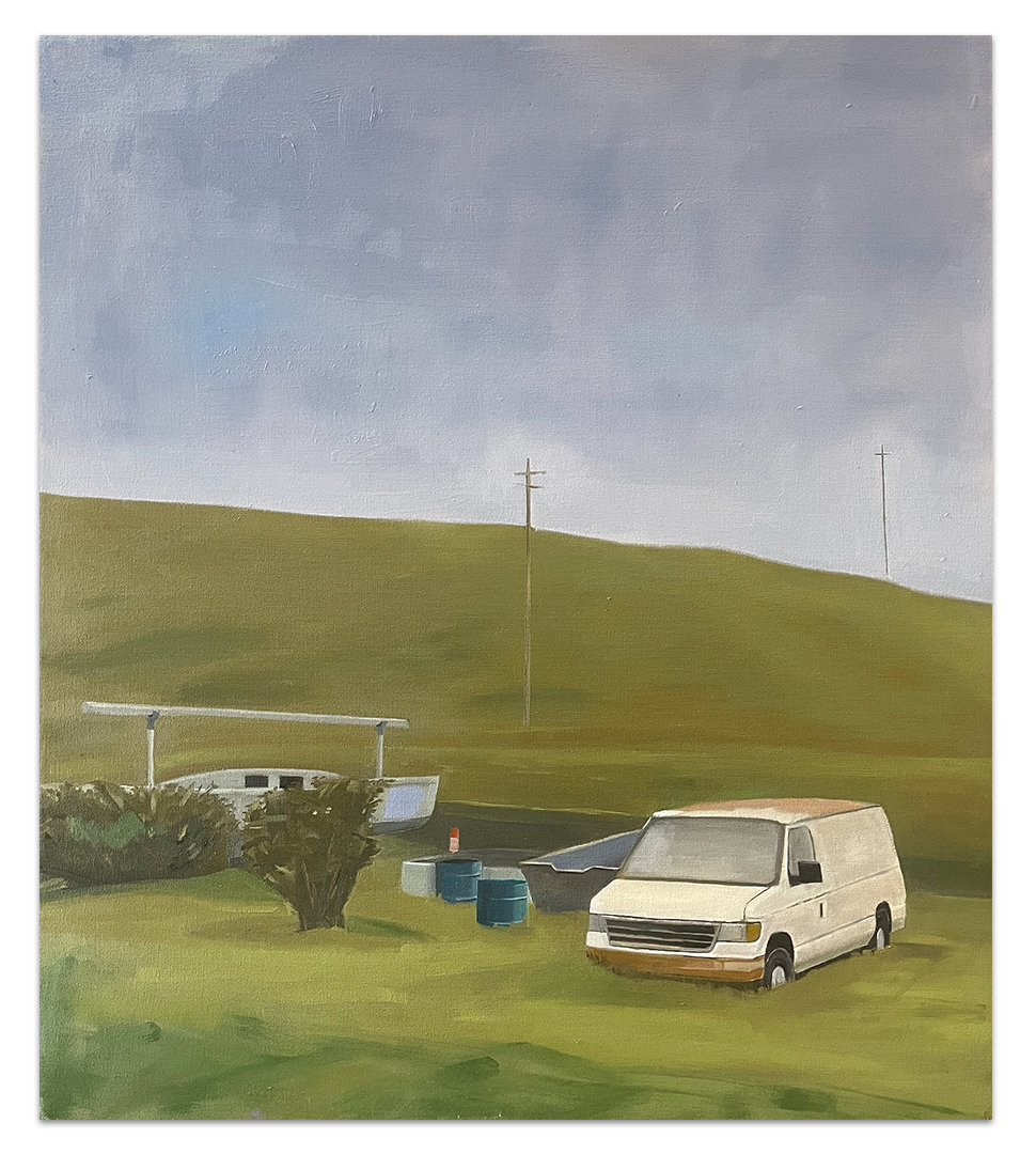 a painting of junk van in a field